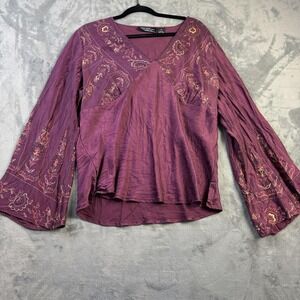 New York City Design Top Womens‎ XL Purple 100% Silk Boho Whimsical Flare Sleeve